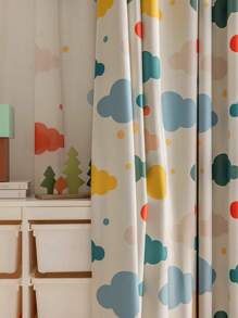 1 片卡通彩色印花云遮光卧室窗帘适用于儿童房，时尚可爱薄纱窗户适用于婴儿房装饰