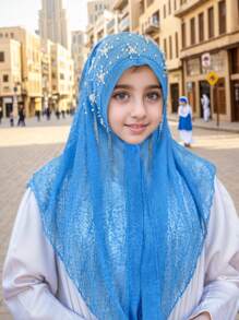 1pc Malaysian Tasseled Solid Color Beaded Floral Shawl Scarf Head Wrap, Elastic Turban Style, Muslim Headwear