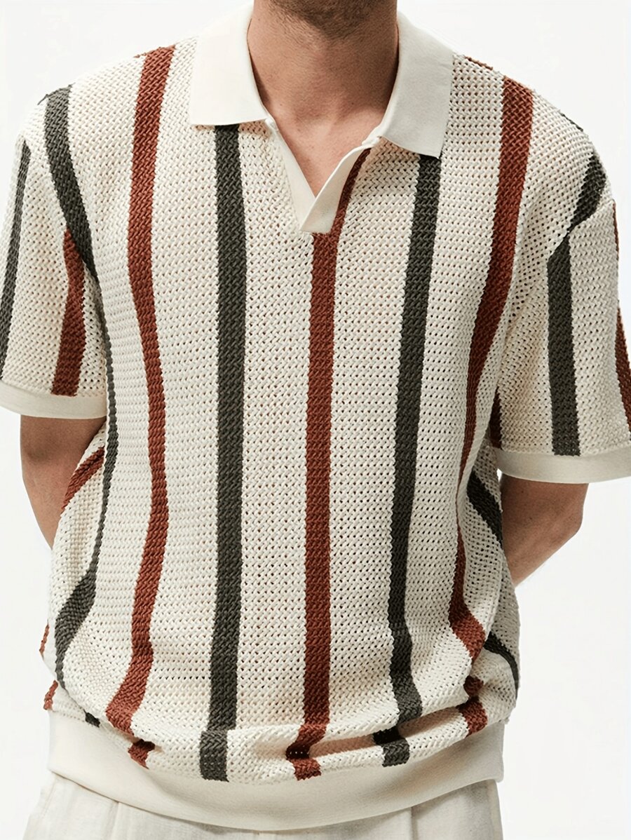 Thick Needle Hollow Knitted Sweater, Striped Contrast Wool Casual Men's Casual Fashion POLOT Shirt Suitable For Outdoor And Vacation