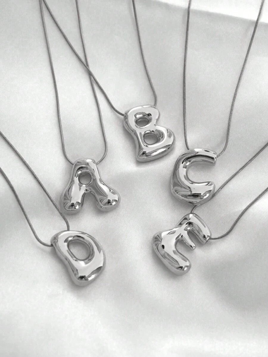 MECYLIFE 1 件独特 3D 字母吊坠不锈钢蛇链项链，女士时尚不对称字母项链 - 銀色光面字母+蛇鏈 - 查看 1