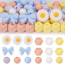66pcs Silicone Bead Bulk Kit, 22mm Daisy Focal Bead Bow Spacer Bead, For DIY Jewelry Making, Bracelets, Keychains, Beaded Pens, Necklaces And Pendants Home Decor Items Handmade Craft Accessories Valentines - Daisy Bow Combo Pack - View 1