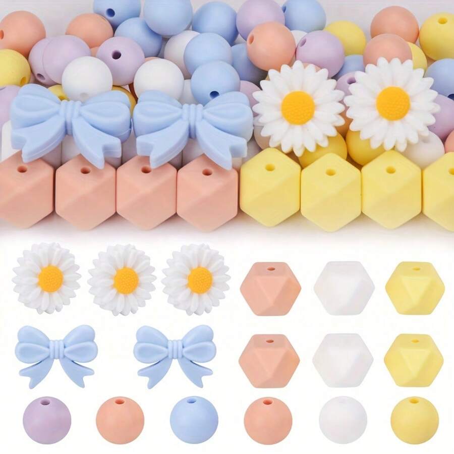 66pcs Silicone Bead Bulk Kit, 22mm Daisy Focal Bead Bow Spacer Bead, For DIY Jewelry Making, Bracelets, Keychains, Beaded Pens, Necklaces And Pendants Home Decor Items Handmade Craft Accessories Valentines - Daisy Bow Combo Pack - View 1