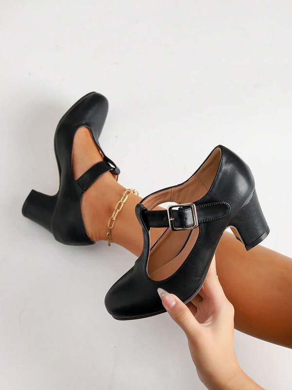 Automne/Hiver Mariage Décontracté mode Talons hauts babies à bride en T, Talons épais. Chaussures de travail de soirée formelle en velours pour dames. (Remarque : Les chaussures sont larges, les clients aux pieds étroits sont invités à commander 0,5 taille plus petite ou à vérifier les paramètres de longueur et de largeur du pied avant l'achat)