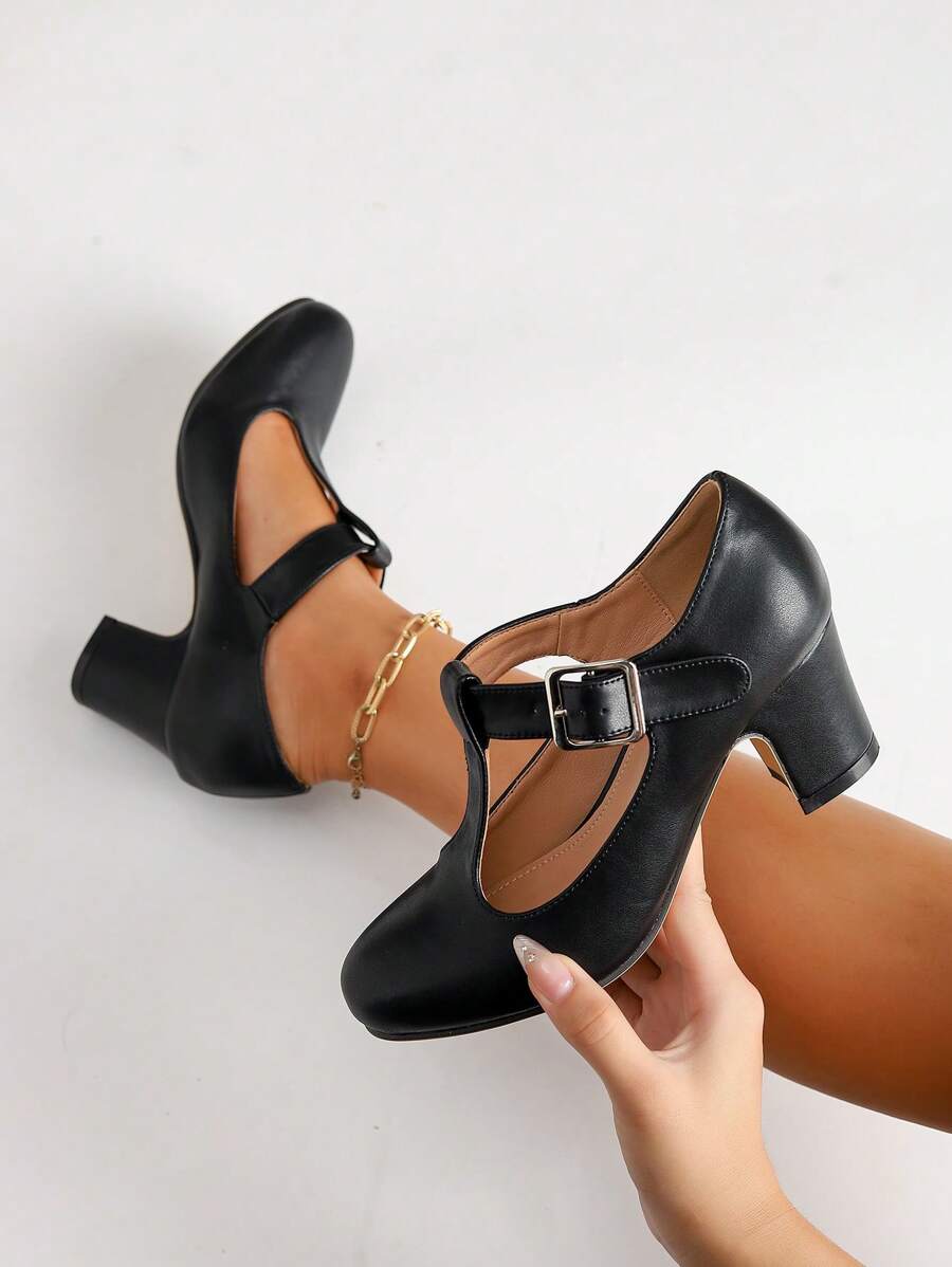 秋冬婚礼休闲时尚高跟玛丽珍T型带鞋，粗跟正装浅口鞋，天鹅绒绒面工作办公鞋，户外女士高跟鞋（购买前请确认脚长、掌围参数）