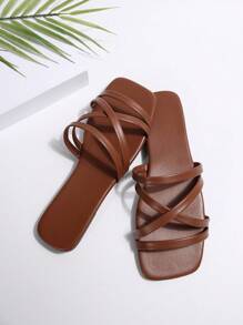 女士夏季系带方头棕色凉鞋 - 复古简约细带罗马风 - 适合海滩度假 - 防滑女士平底凉鞋，新款橙色交叉细带一体式拖鞋，方头凉鞋，欧美风户外平底拖鞋，防滑耐磨轻便舒适 - 棕色 - 查看 7