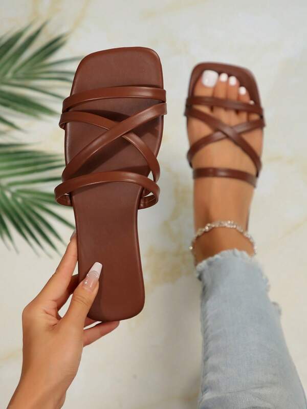 Women's Tie-Up Square Toe Brown Sandals - Vintage Minimalist Thin Strap Roman Style - Suitable For Beach & Vacation - Non-Slip Women Flat Sandals