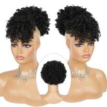 Coleta con tirantes de cabello rizado afro con flequillo para moño de piña para mujeres, moño de coleta rizado rizado corto - Negro - Ver 4