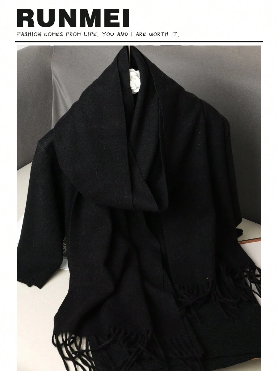 1条女士亮黄色纯色羊绒围巾,带流苏,尺寸30*180厘米,柔软披肩,适合春、夏、秋、冬四季,沙滩、度假、配饰、旅行必备 - 黑色 - 查看 1