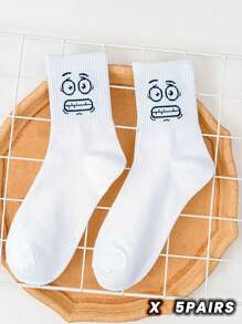 5 paires de chaussettes mi-mollet mignonnes, à motifs d'expressions de dessins animés, simples, décontractées, confortables et respirantes pour les couples, pour l'automne et l'hiver - Blanc - Voir 22