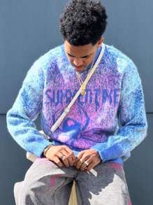ANDREILEE Gradient Spider Graphic Crew Neck Dropped Shoulder Long Sleeve Knit Sweater, Casual Streetwear For Men & Women, Suitable For Spring, Autumn, Winter - Blue - View 1