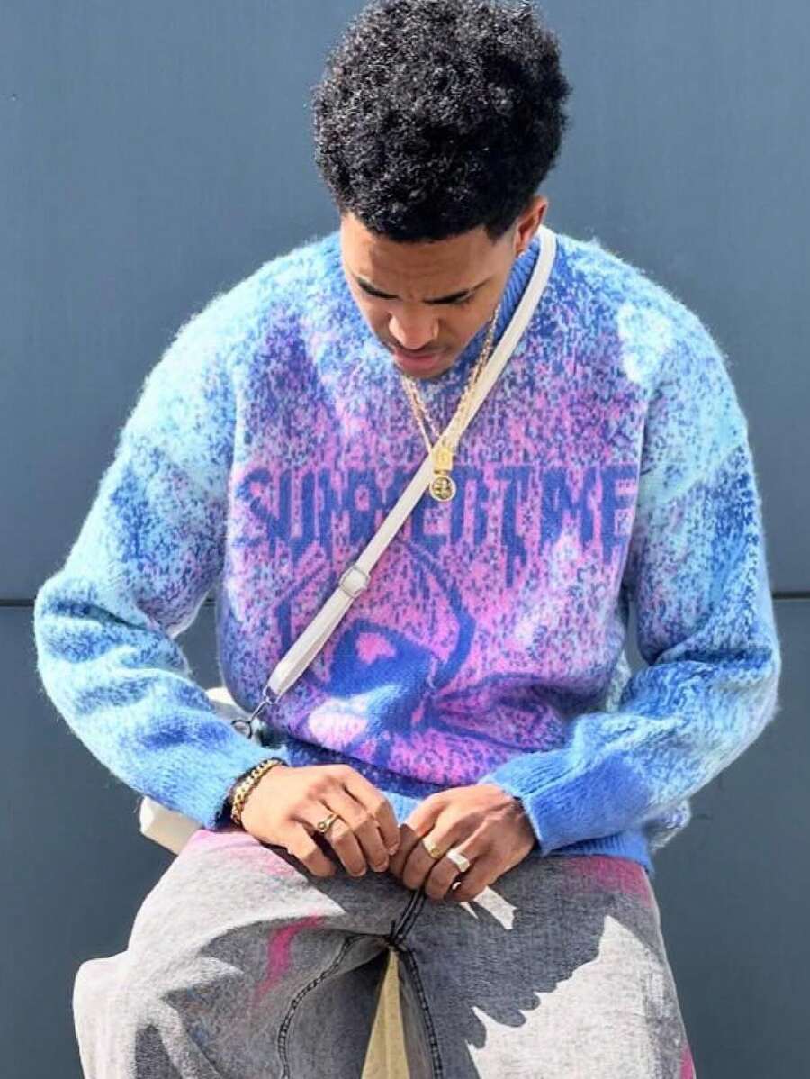 ANDREILEE Gradient Spider Graphic Crew Neck Dropped Shoulder Long Sleeve Knit Sweater, Casual Streetwear For Men & Women, Suitable For Spring, Autumn, Winter - Blue - View 1