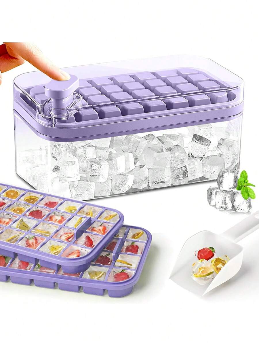 Cubitera Hielo con Tapa, Moldes de Cubitos, Moldes de Cubitos Hielo, Bandejas de Cubitos de Hielo, Reutilizable 32 Ice Cube Maker Tray Silicone, para Whisky, Cócteles - Morado - Ver 1