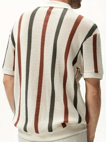 Thick Needle Hollow Knitted Sweater, Striped Contrast Wool Casual Men's Casual Fashion POLOT Shirt Suitable For Outdoor And Vacation