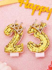 New Golden Crystal Diamond Crown Candles Numbered 0-9 For Birthday, Anniversary, Party Cake Decor - Gold - View 3