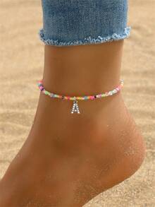 1 pieza Elegante tobillera con cuentas de plástico de colores, con colgante de letra del alfabeto con adornos de cristal en tono plateado, accesorio de joyería elegante y a la moda para mujeres - Multicolor - Ver 3