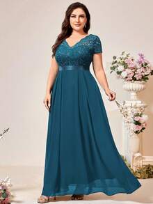Vestido de noche de gasa con escote en V, corpiño de encaje con lentejuelas y volantes, elegante vestido de gala formal, adecuado para ceremonia de graduación, cena de gala, baile de bienvenida y otras ocasiones de fiesta, boda de primavera - Neblina azul - Ver 7