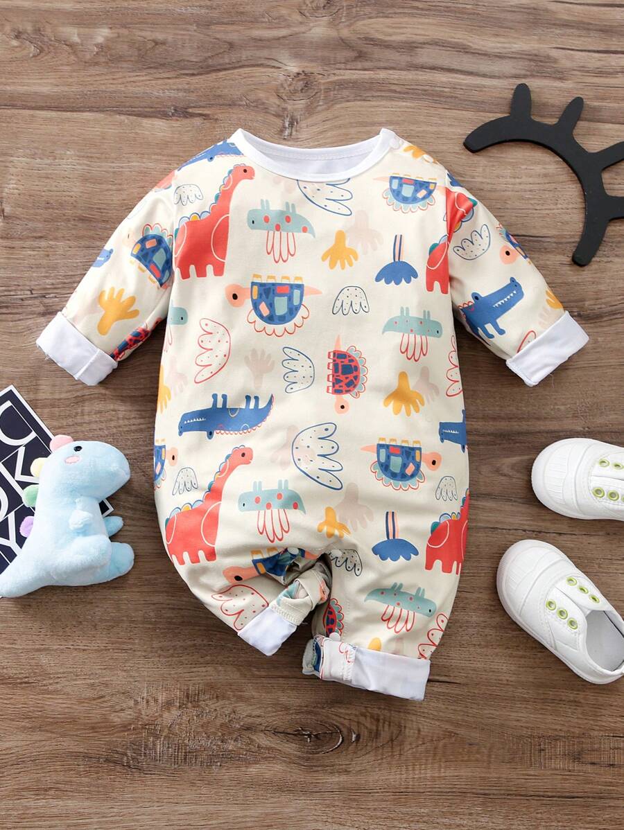 1pc Apricot Dinosaur All-Over Print Long Sleeve Soft Baby Jumpsuit, Spring/Autumn - Apricot - View 1