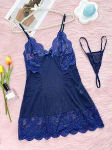 2 piezas Conjunto de lencería de camisola transparente con estampado de encaje azul y recortes para mujer, adecuado para el hogar, vacaciones o fiestas privadas, ropa interior sexy