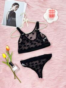 Black Sexy Sheer Mesh Heart Printed Lingerie Set With Floral Pattern For Rave - Black - View 9