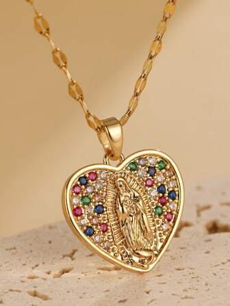 1pc Virgin Mary Heart Necklace, Inlaid With Colored Zirconia, 18k Golden Plated Stainless Steel Chain, Suitable For Women's Daily Matching, Perfect Gift For Friends(Attention: The Color Of The Embedded Cubic Zirconia Is Random) Valentines,Mom,Mother,Mother's Day,Gift