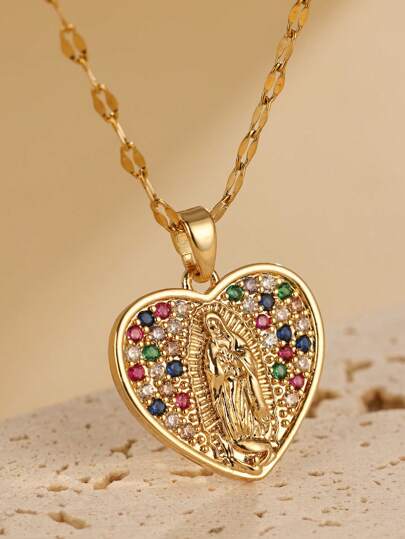 1pc Virgin Mary Heart Necklace, Inlaid With Colored Zirconia, 18k Golden Plated Stainless Steel Chain, Suitable For Women's Daily Matching, Perfect Gift For Friends(Attention: The Color Of The Embedded Cubic Zirconia Is Random) Valentines,Mom,Mother,Mother's Day,Gift
