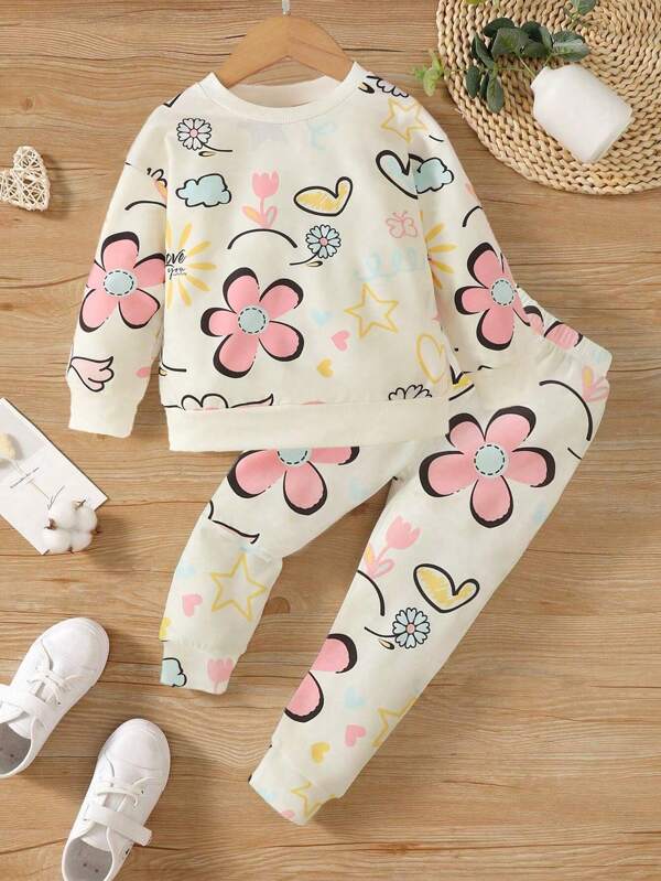 2 peças/Conjunto Moletom Estampa de Flor de Manga Longa Casual e Confortável para Menina, Visual de Outono