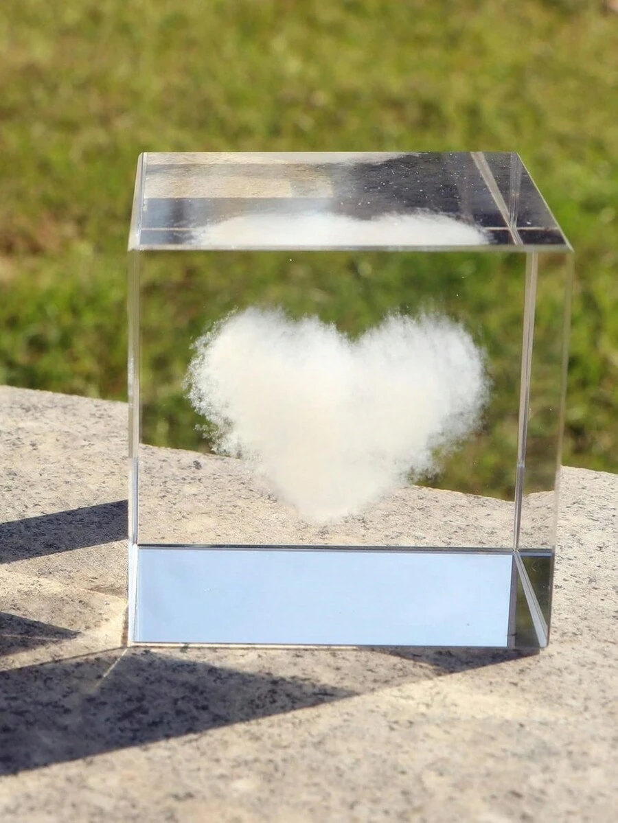 1pc Laser Engraved Crystal Glass Heart Shaped Decorative Cube Figurine - Multicolor - View 1