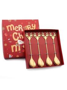 Zestaw świątecznych łyżeczek i widelców do kawy (4/6 szt.), łyżeczki do kawy, łyżki i widelce ze stali nierdzewnej, prezenty świąteczne dla dzieci w pudełku prezentowym do mieszania kawy, herbaty, zupy, cukru, deseru, przypraw, lodów (zestaw prezentowy)