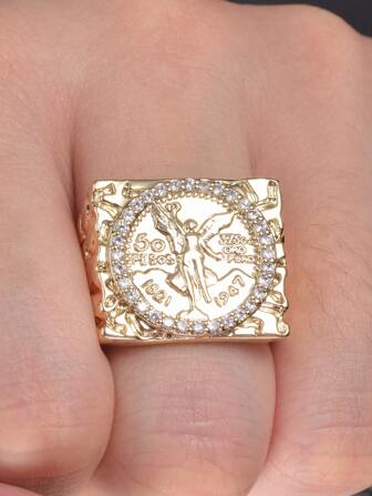 1pc 14k Golden Plated Imitation Gold Copper Ring,50 Peso Cubic Zirconia Mexican Commemorative Coin Ring,Golden Nugget Ring Men's Holiday Gift For Men