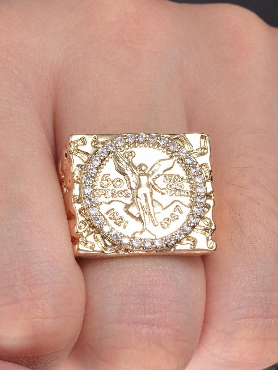 1pc 14k Golden Plated Imitation Gold Copper Ring,50 Peso Cubic Zirconia Mexican Commemorative Coin Ring,Golden Nugget Ring Men's Holiday Gift For Men - Yellow Gold - View 1