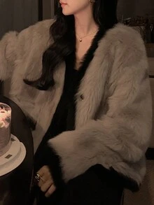 Women Fluffy Coats - Grey - View 5