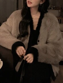 Women Fluffy Coats - Grey - View 2