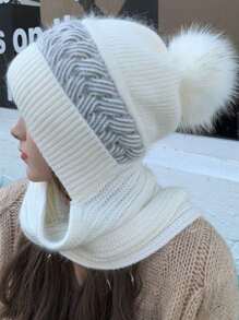 新款冬季针织拉法帽，女士保暖内衬连帽围巾一体式帽子，防风防雪滑雪面罩，时尚耳罩帽