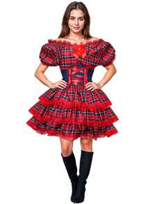 Vestido Feminino de Festa Junina Luxo Xadrez Super Rodado Acinturado Com Espartilho Tamanhos do 32 a 50