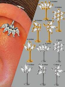 1PC Stainless Steel Marquise Vertical Post Helix Piercing Crown/Butterfly Earrings Cartilage Helix Stud Body Piercing Jewelry - As Shown - View 9