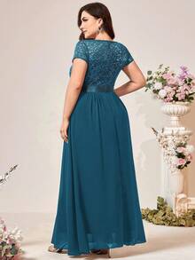 Vestido de noche de gasa con escote en V, corpiño de encaje con lentejuelas y volantes, elegante vestido de gala formal, adecuado para ceremonia de graduación, cena de gala, baile de bienvenida y otras ocasiones de fiesta, boda de primavera - Neblina azul - Ver 3