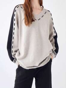 女式法式镶边 V 领长袖针织套头衫，秋冬款 - 灰色 - 查看 7