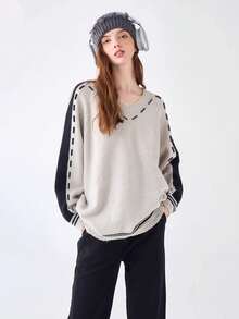 女式法式镶边 V 领长袖针织套头衫，秋冬款 - 灰色 - 查看 5