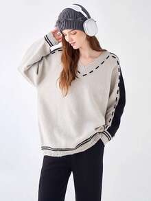 女式法式镶边 V 领长袖针织套头衫，秋冬款 - 灰色 - 查看 4