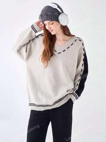 Women's French Trim V-Neck Long Sleeve Knit Pullover Sweater, Autumn/Winter