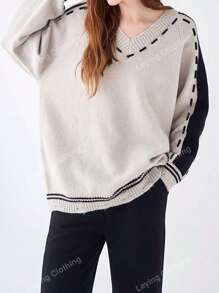 Women's French Trim V-Neck Long Sleeve Knit Pullover Sweater, Autumn/Winter