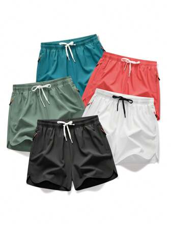 5pcs/Pack Men's Solid Color Drawstring Waist Casual Beach Shorts, Summer