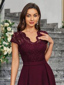 MIUSOL 花卉蕾丝V领短袖A字鸡尾酒礼服、婚礼宾客礼服、正式礼服