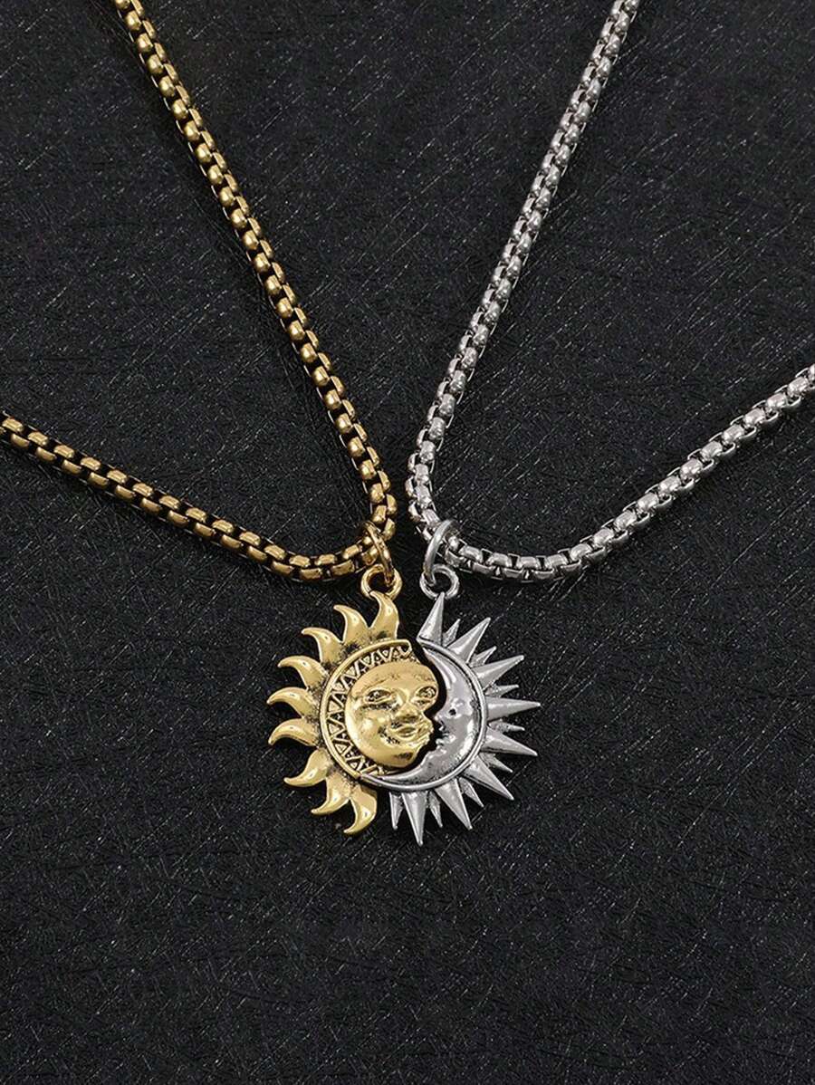 2pcs Sun And Moon Shape Asymmetric Necklace Accessories For Men, Versatile Personalized Simple Necklaces For Couples Christmas New Year Valentine's Day Holiday Gift