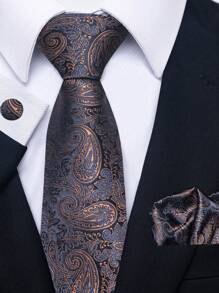 AlanKing 1 set Corbata, pañuelo de bolsillo y juego de gemelos con estampado de cachemira marrón para hombres en ocasiones de negocios/formales