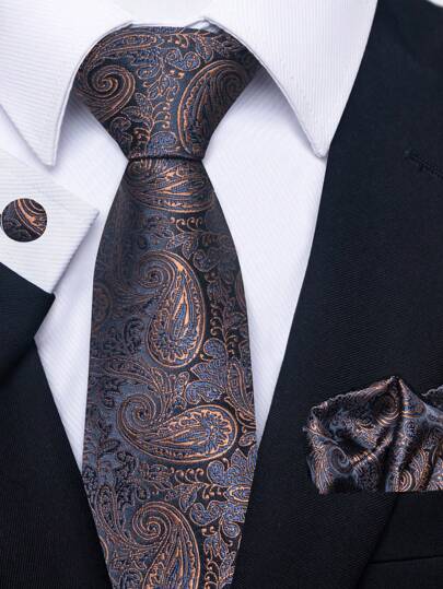 AlanKing 1set Brown Paisley Tie, Pocket Square & Cufflink Set For Men's Business/Formal Occasions Men Necktie