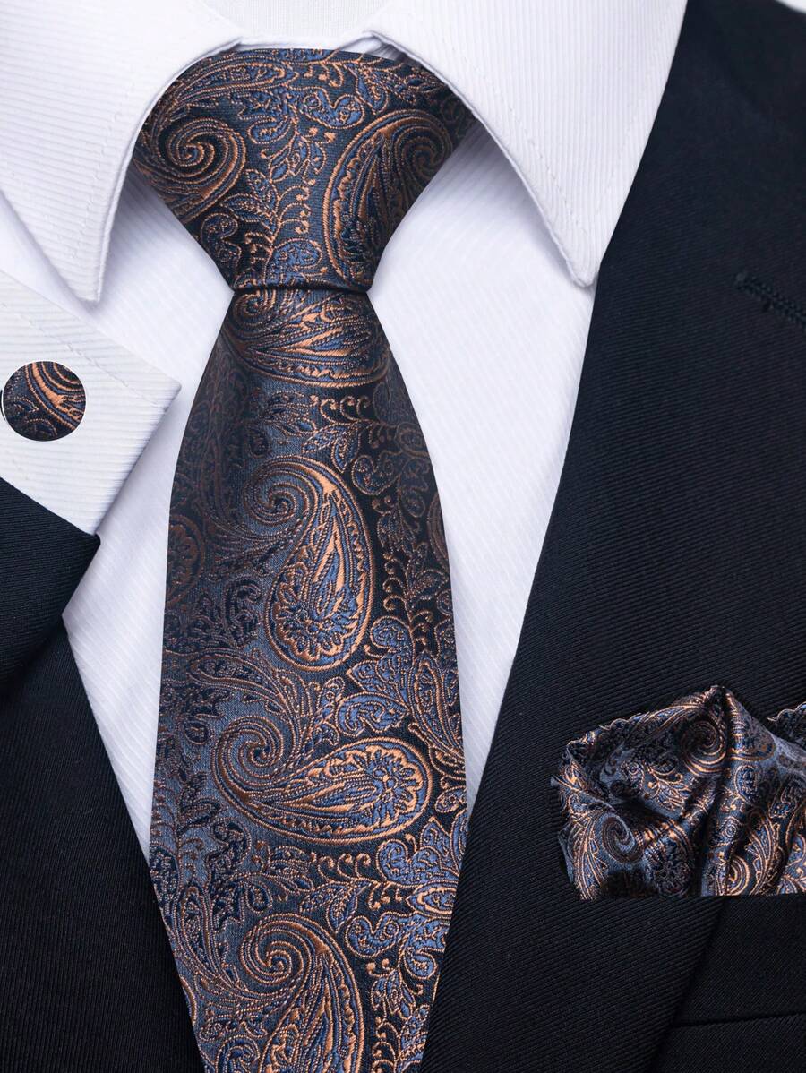 AlanKing 1 set Corbata, pañuelo de bolsillo y juego de gemelos con estampado de cachemira marrón para hombres en ocasiones de negocios/formales