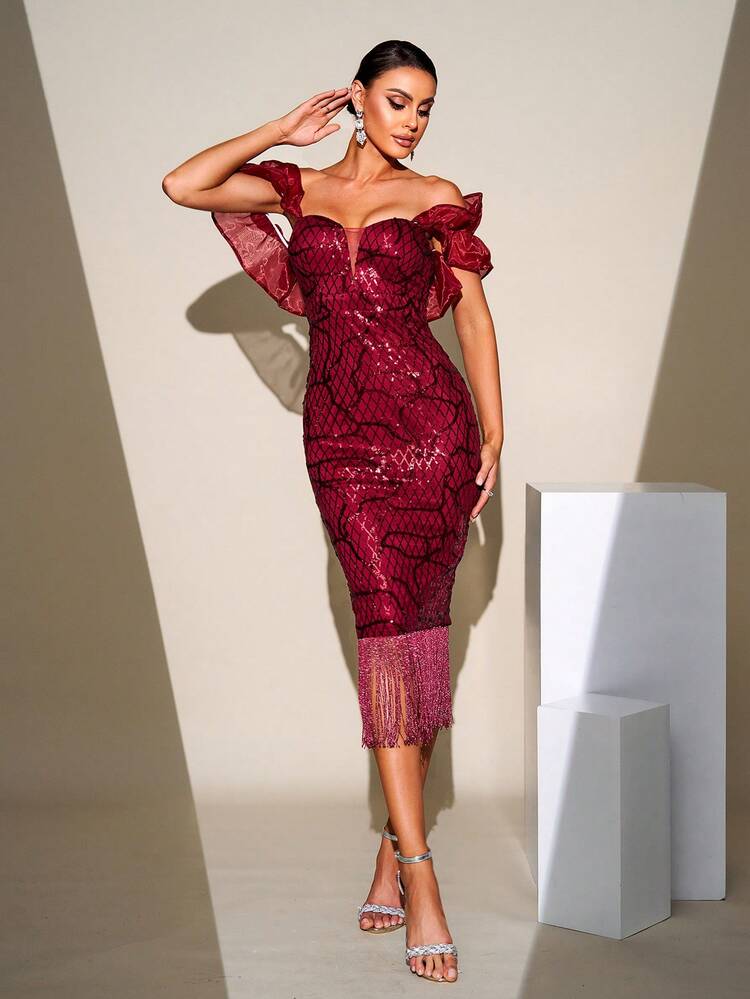 Missord Women's Off-Shoulder Sequin Tassel Hem Fitted Elegant Party Dress Wedding Guest Cocktail Dress - Burgundy - View 4