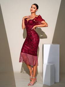 Missord Women's Off-Shoulder Sequin Tassel Hem Fitted Elegant Party Dress Wedding Guest Cocktail Dress - Burgundy - View 7