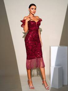 Missord Women's Off-Shoulder Sequin Tassel Hem Fitted Elegant Party Dress Wedding Guest Cocktail Dress - Burgundy - View 8